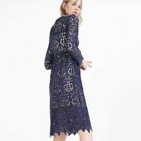 NWOT Zara Navy Blue Lace Guipure Embroidered Dress - Picture 4 of 8